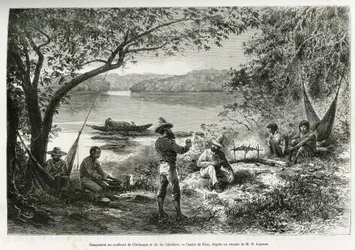 Das Lager der Entdecker, an der Mündung des Orenoque und des Cabullero-Flusses. Gravur von Riou, zur Illustration der Entdeckungsreise durch Neugranada und Venezuela, von Dr. Crevaux, erstklassiger Marinearzt und E.Lejeanne, Marinepharmazeut