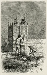 Der Tapial, eine alte Technik zum Bau von Lehmwänden mithilfe einer Holzschalung, durch Stampfen verdichtet und in der Sonne getrocknet, Stich von Riou zur Illustration des Berichts „L