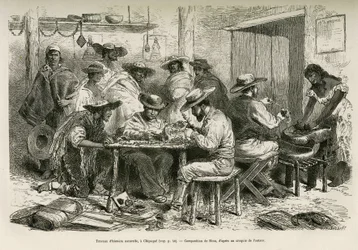 Die Arbeiten der Naturgeschichte in Chipaque (Kolumbien), die Vorbereitung der Trocknung von Pflanzen für ein Herbarium, unter den neugierigen Blicken der Indianer, Zeichnung von E. Riou, um die Reise nach Äquatorialamerika (Kolumbien, Ecuador, Peru) in 18