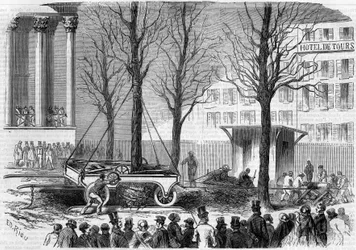 Baumverpflanzung auf dem Place de la Bourse in Paris im Winter 1858. Gravur von Riou in „Le Monde Illustré“ Nr. 46 vom 27. Februar 1858