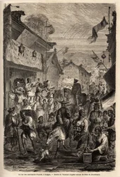Die Straße der Kleiderhändler, Kalgan, Mongolei. Zeichnung von Vaumort zur Illustration der Reise von Shanghai nach Moskau von 1859 bis 1862 von M. de Bourboulon, französischer Minister in China. Gravur in „Le tour du monde“, herausgegeben von Edouard Char