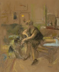 Gabrielle Jonas spielt mit einem Hund, 1927