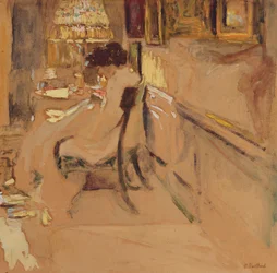 Madame Hessel beim Nähen unter der Lampe, ca. 1905
