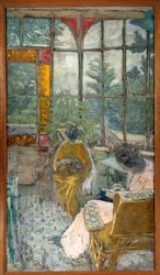 Zwei Frauen sticken unter einer Veranda. Lucie Hessel und Schauspielerin Marthe Mellot