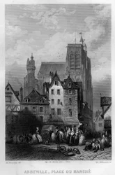 Marktplatz der Stadt Abeville, Somme, Picardie, Frankreich. Gravur von Willmann in „La France ancienne et moderne“ von Jean-Bernard Mary-Lafon