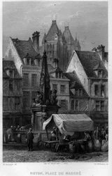 Marktplatz der Stadt Noyon, Oise, Picardie, Frankreich. Gravur von Willmann in „La France ancienne et moderne“ von Jean-Bernard Mary-Lafon