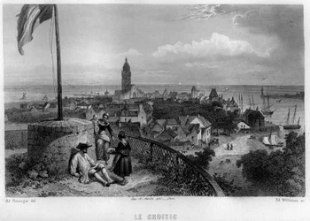 Ansicht der Stadt Le Croisic, Loire-Atlantique, Pays de la Loire, Frankreich. Gravur von Willmann in „La France ancienne et moderne“ von Jean-Bernard Mary-Lafon