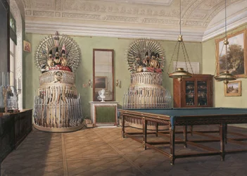 Innenräume des Winterpalastes. Das Billardzimmer von Kaiser Alexander II., Mitte des 19. Jahrhunderts