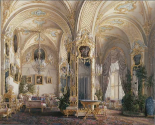 Innenräume des Winterpalastes. Das Wohnzimmer im Rokoko-Stil mit Putten, 1860er Jahre
