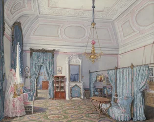 Innenräume des Winterpalastes. Das fünfte reservierte Apartment. Das Schlafzimmer der Großprinzessin Maria Alexandrowna, 1873