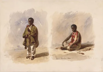 Zwei kleine Afrobrasilianer; einer stehend, der andere sitzend