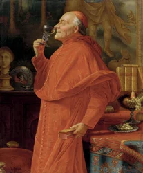Kardinal, der das Bouquet eines Weißweins (in einem venezianischen Glas) prüft. Um 1900.