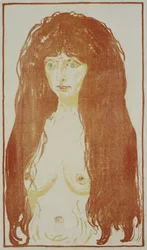 Nackte Frau mit roten Haaren und grünen Augen. Stehender Akt mit roten Haaren, ca. 1901