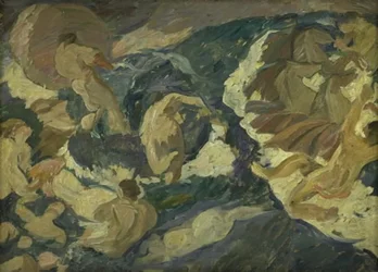 Poseidon eilt über das Meer, umgeben von Nereiden und Tritonen