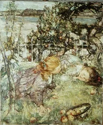 Mädchen in einem Obstgarten