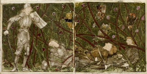 Ein Satz von sechzehn Fliesen, paarweise angeordnet, um acht Illustrationen der 
