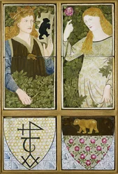 König Artus und Königin Guinevere, Sechsteilige Fliesenplatte hergestellt von Morris, Marshall, Faulkner & Co.