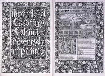 Titelseite und erste Seite aus der Kelmscott Press Ausgabe von "The Works of Geoffrey Chaucer", 1896