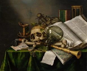 Vanitas. Stillleben mit Büchern, Manuskripten und einem Totenschädel