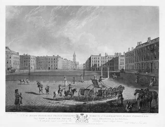 Hanover Square, aus einer Serie von vier Ansichten der Londoner Plätze, graviert von Robert Pollard und Francis Jukes, 1781