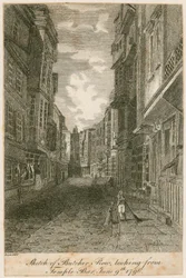 Skizze von Butcher Row, Blick von Temple Bar, 9. Juni 1796