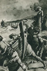 Die Wikinger, die aus den Fjorden Norwegens segelten und Amerika lange vor Kolumbus fanden (Lithografie)