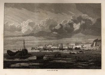 Ansicht der Stadt Suez (Ägypten), Zeichnung von Grenet zur Illustration eines Ausflugs zum Suezkanal im Jahr 1862 von Paul Merruau. Gravur in „Le tour du monde“, herausgegeben von Edouard Charton