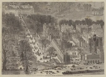 Vogelperspektive auf Buckingham und St. James Paläste, zeigt die Prozession