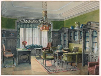Zeichnung, Bibliotheks- oder Bürointerieur, ca. 1915