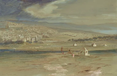Ein Blick auf die Stadt Hebron mit Kamelen und Figuren im Vordergrund