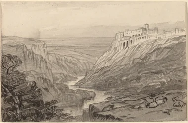 Ziegen ruhen über einer Flussschlucht, Narni, Italien, 1884-1885