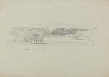 Blick über eine Wiese zu einer Kirche, 1834