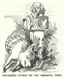 Karikatur: Sturköpfiger Angriff auf den unsterblichen Barden - die Theorie, dass die Stücke von William Shakespeare tatsächlich von Sir Francis Bacon geschrieben wurden (Gravur)