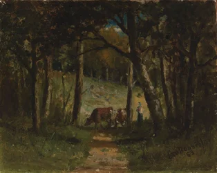 Ohne Titel (Kühe auf einem Pfad im Wald)