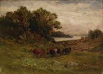 Ohne Titel (fünf Kühe weiden mit Bäumen und Fluss im Hintergrund)