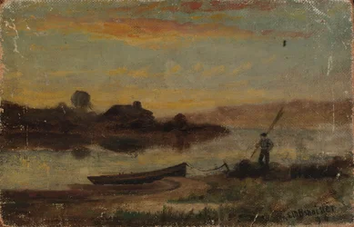 Ohne Titel (Landschaft, nahe dem Ufer vertäutes Boot mit einem gehenden Mann)