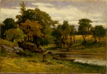 Ohne Titel (Landschaft, nahe einem Bach vertäutes Boot, im Vordergrund ein gehender Mann)