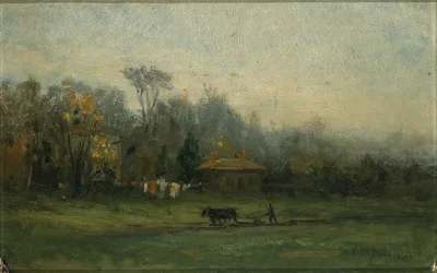 Ohne Titel (Landschaft mit Mann, der Felder pflügt)