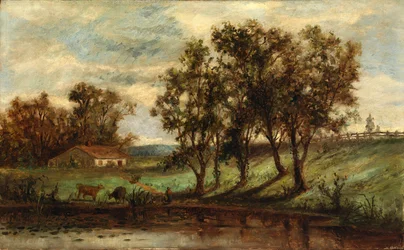 Ohne Titel (Mann mit Kühen, die in der Nähe eines Teichs mit Haus und Bäumen im Hintergrund grasen)