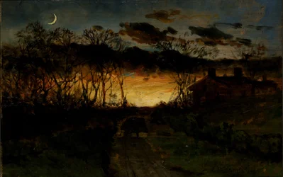 Ohne Titel (Sonnenuntergang mit Viertelmond und Bauernhaus)
