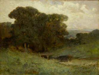Unbetitelte Waldszene mit Brücke, Kühe im Vordergrund im Bach, 1897