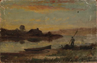 Unbenannte Landschaft, nahe dem Ufer vertäutes Boot mit einem gehenden Mann, 1896.