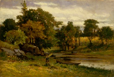 Ohne Titel Landschaft, Boot am Bach, Mann im Vordergrund