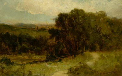 Unbetitelte Landschaft mit Straße in der Nähe eines Baches und Bäumen, n.d.