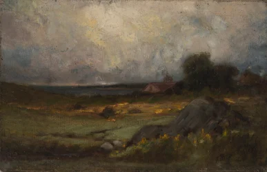 Unbetitelte Landschaft mit Felsen im Vordergrund und Dach mit Turm, See im Hintergrund, n.d.