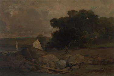 Unbetitelte Landschaft mit Felsen, Mann und Segelbooten