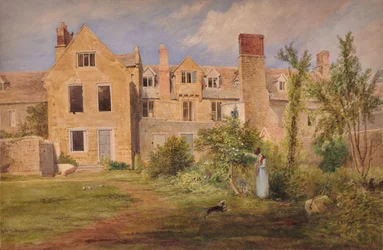 In Nottingham (Rückseite von Steingebäuden mit Frau, Hund und Gartenwalze)