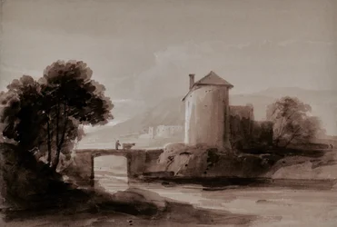 Landschaft mit Mann und Kuh auf einer Brücke