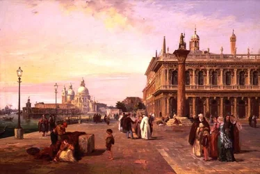 Figuren auf der Piazzetta, Venedig mit Salute im Hintergrund