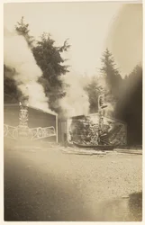 Als die grellen Flammen höher stiegen, malten sie das Meer, das am Fuße eines gespenstischen Waldes leckte, scharlachrot